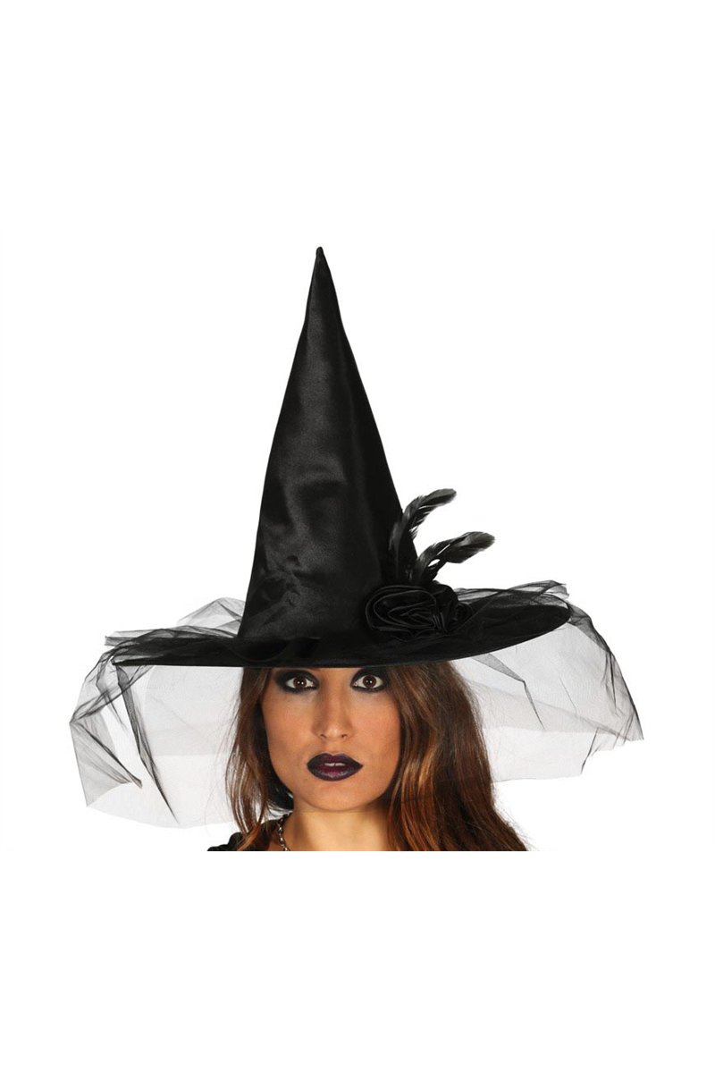 BLACK WITCH HAT WITH FLOWER