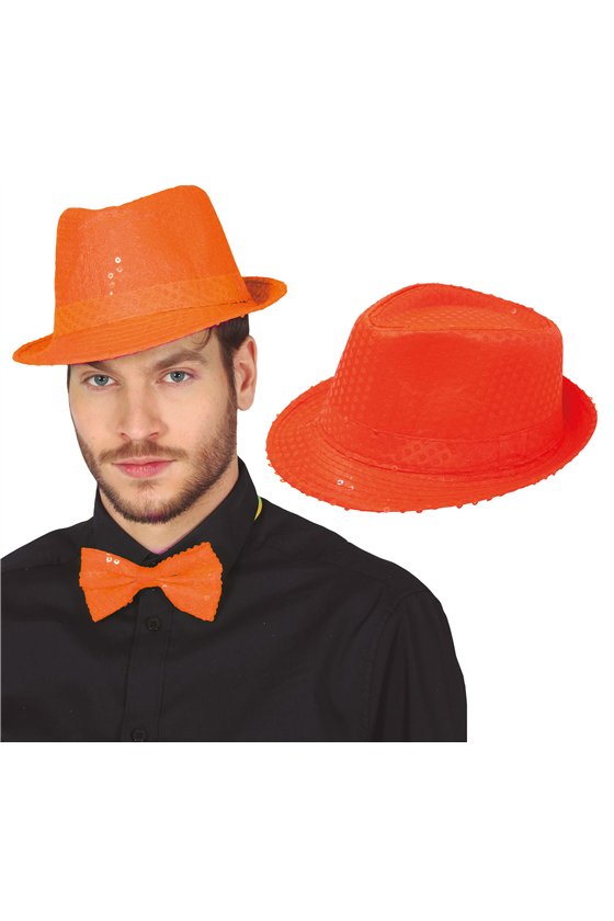 NEON ORANGE SEQUIN GANGSTER HAT