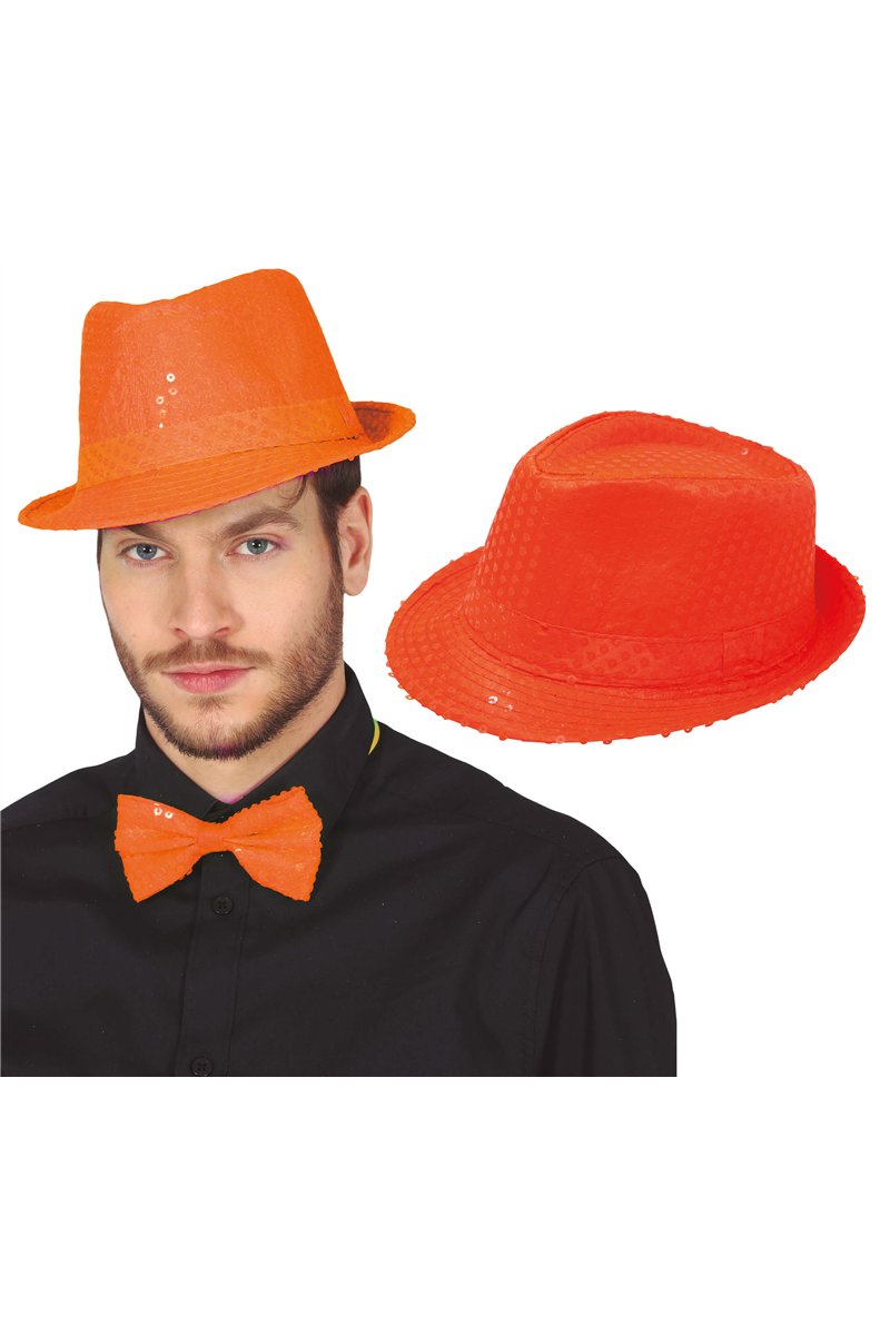 NEON ORANGE SEQUIN GANGSTER HAT