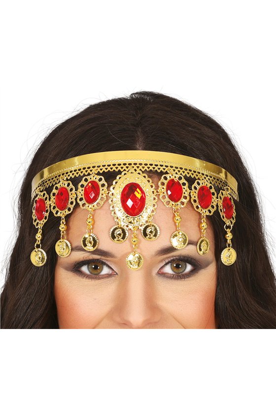 GOLD HEADPIECE WITH RED STONES, METAL