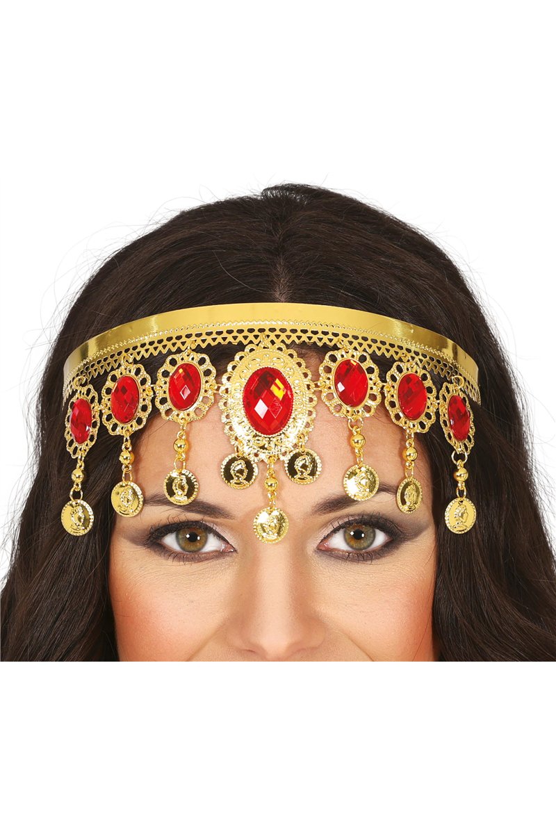 GOLD HEADPIECE WITH RED STONES, METAL