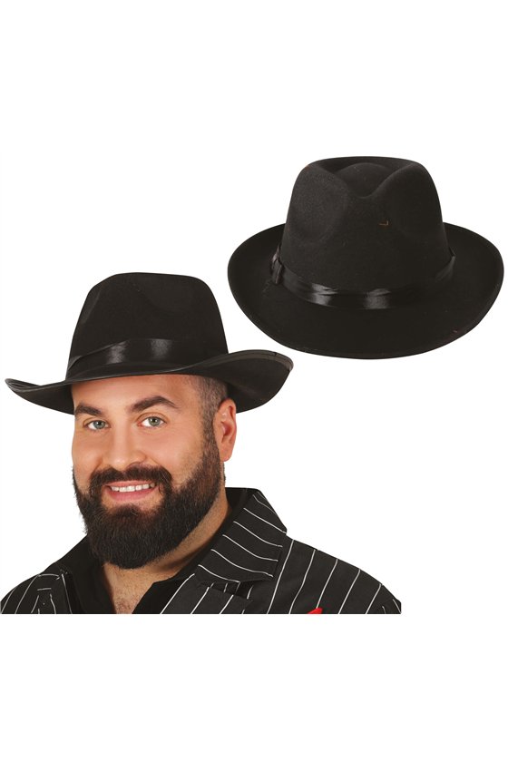BLACK GANGSTER HAT WITH BLACK RIBBON