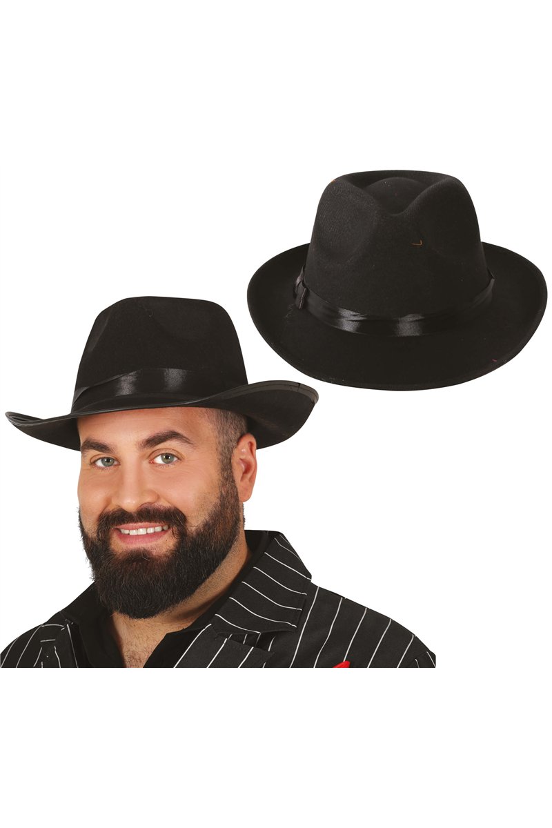 BLACK GANGSTER HAT WITH BLACK RIBBON