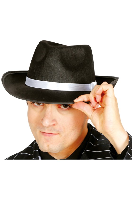 BLACK GANGSTER HAT WITH WHITE RIBBON