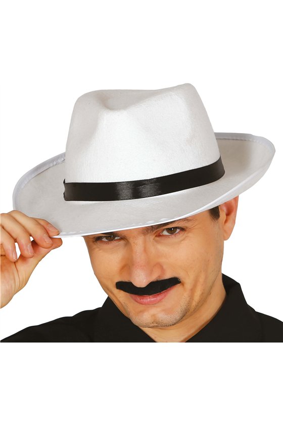 WHITE GANGSTER HAT WITH BLACK RIBBON