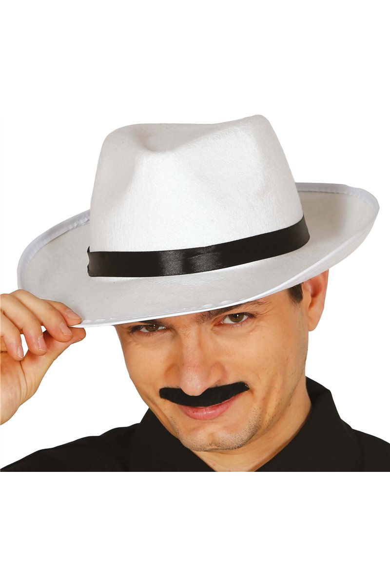 WHITE GANGSTER HAT WITH BLACK RIBBON