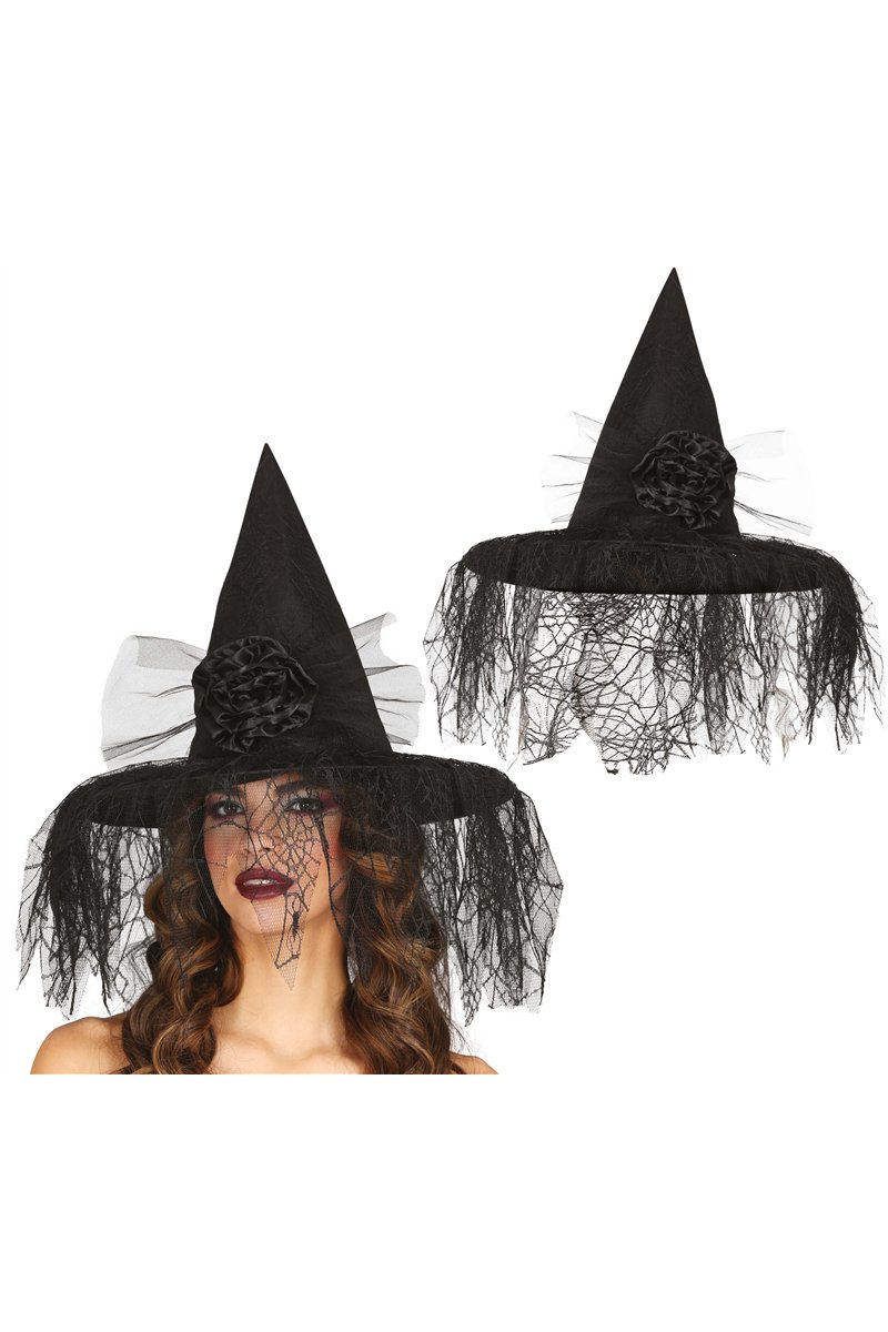 WITCH HAT WITH FLOWER AND VEIL